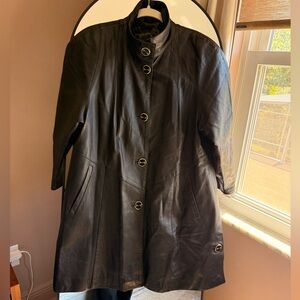 Vintage Italian Real Leather Coat Black Gold Buttons Size 38 Misuri Firenze